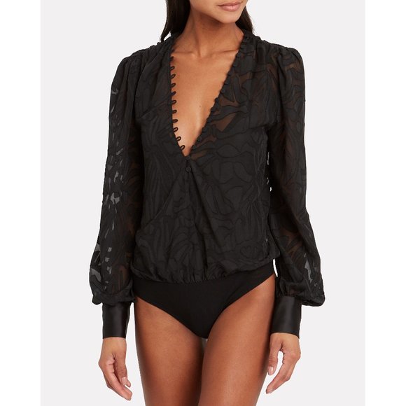 NIGHT NIGHT By Jonathan Simkhai Fil Coupé Black Long Sleeve Bodysuit - Picture 2 of 14